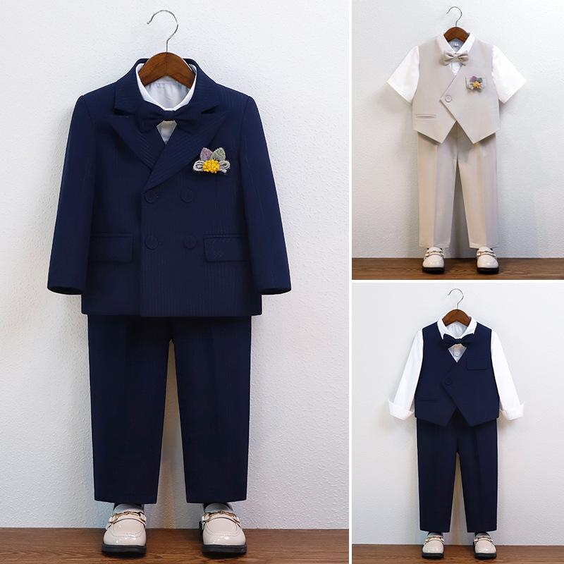 スーツ 男の子 春夏 英国風 フォーマル セットアップ ベスト ズボン ジャケット シャツ 蝶ネクタイ 結婚式 発表会 七五三 無地 高級感 おしゃれ かっこいい 上下セット 子供服 ジュニア ネイビー カーキ ピンク ポリエステル