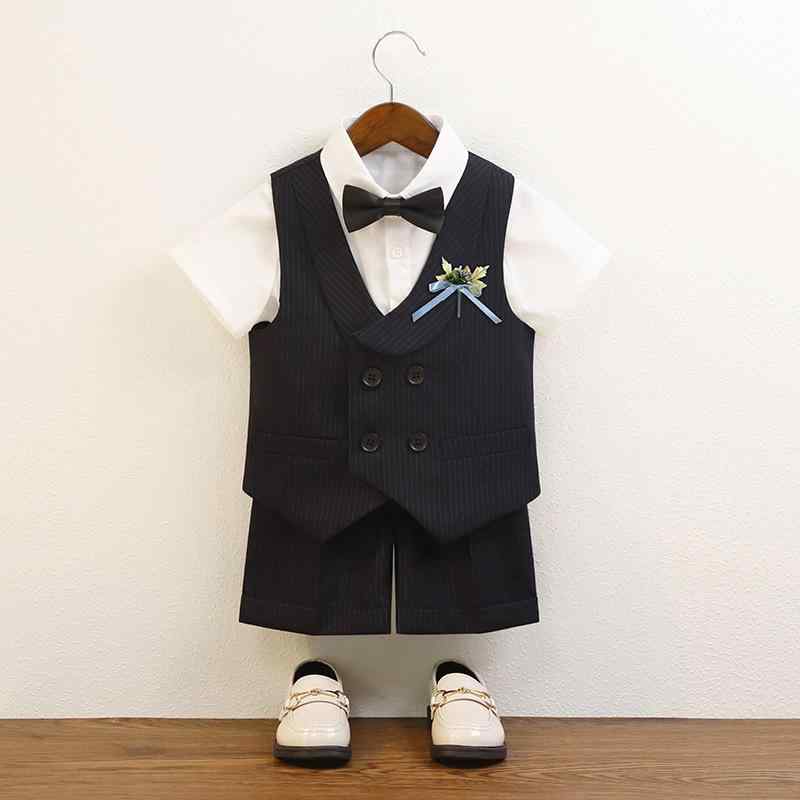 スーツ 男の子 キッズ 春夏 セットアップ フォーマル 正装 結婚式 発表会 七五三 ストライプ柄 ベスト 半袖シャツ ハーフパンツ 蝶ネクタイ 上下セット 接触冷感 ポリエステル 軽量 吸湿 かっこいい おしゃれ ネイビー グレー ブラック