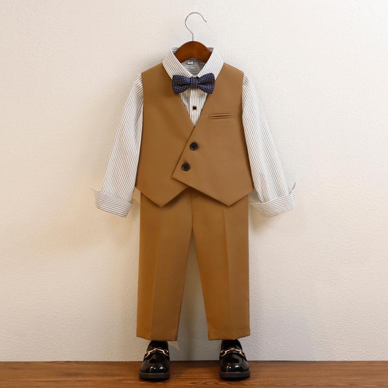 セットアップ 男の子 キッズ ベビー フォーマル スーツ 礼服 ベスト ズボン 蝶ネクタイ 結婚式 発表会 七五三 秋冬 韓国スタイル Vネック 無地 高級感 ポリエステル混紡 柔らかい 長袖 シングルボタン シンプル
