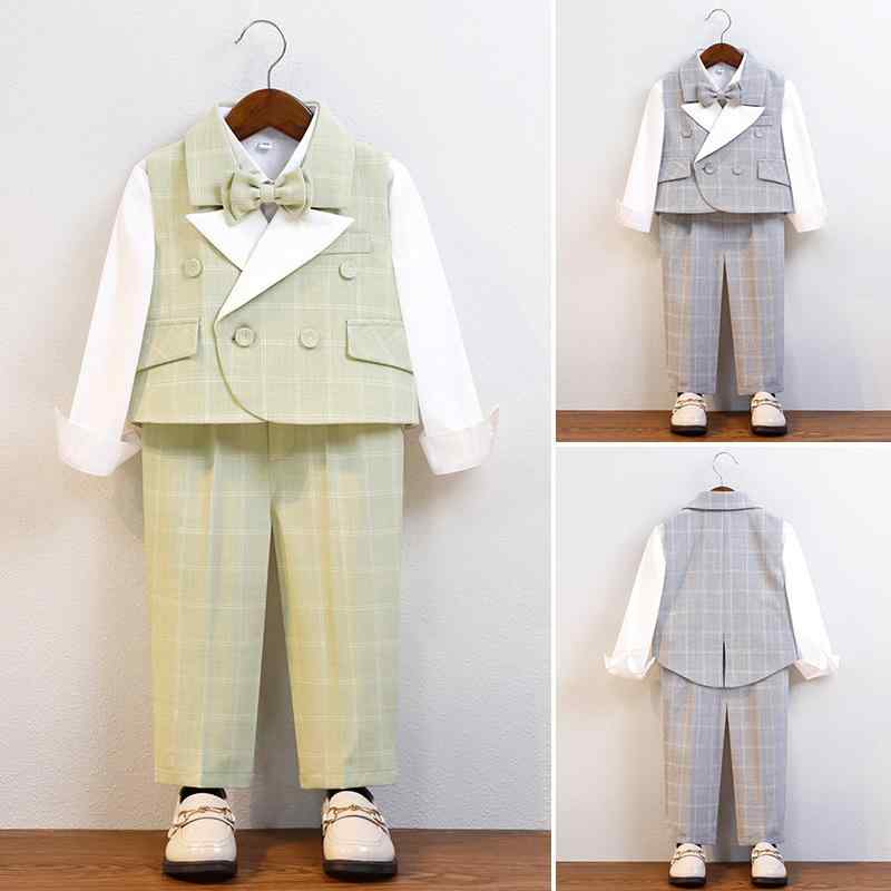 スーツ 男の子 キッズ ベビー セットアップ フォーマル 結婚式 発表会 七五三 英国風 子供服 上下セット Vネック ピアノ 正装 グリーン グレー 春夏 ポリエステル 蝶ネクタイ サスペンダー トップス ボトムス ベスト