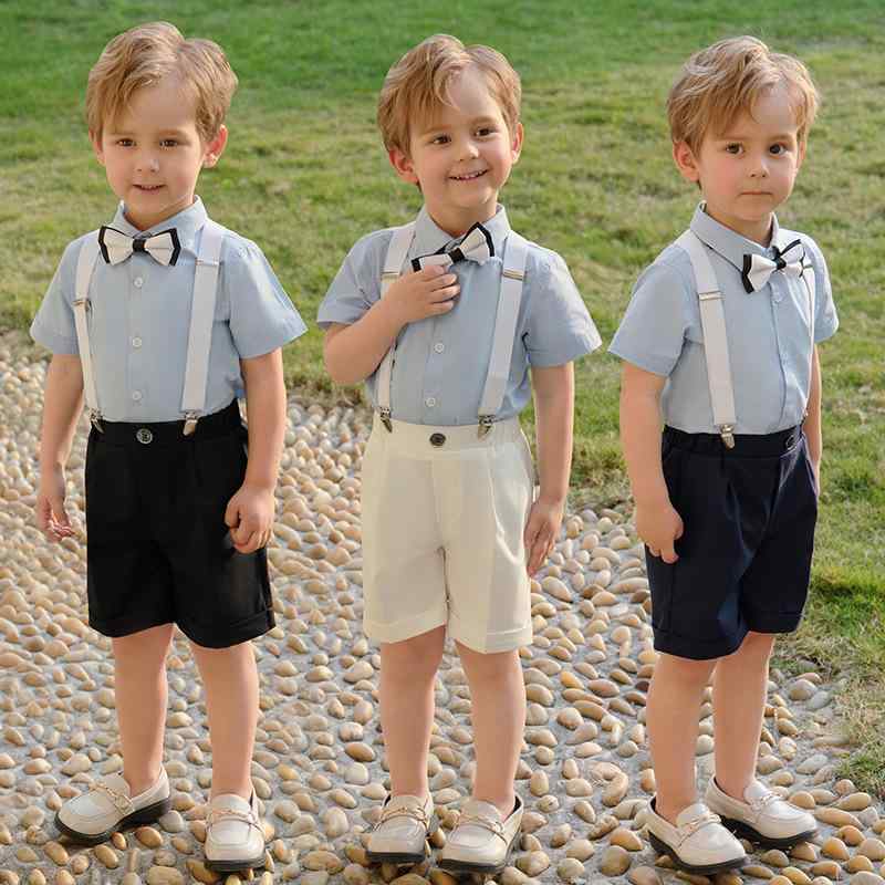 フォーマルスーツ キッズ 男の子 春夏 セットアップ 半袖 シャツ ショートパンツ サスペンダー 蝶ネクタイ 英国風 結婚式 発表会 七五三 綿 コットン ブラック ホワイト ネイビー 礼服 通気性 吸汗性 清涼感