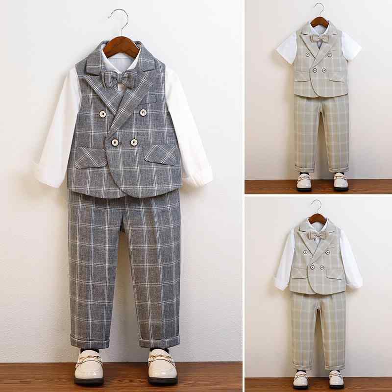 スーツ 男の子 キッズ 秋冬 セットアップ チェック柄 ブリティッシュ ベスト ロングパンツ 蝶ネクタイ シャツ 発表会 結婚式 七五三 韓国 おしゃれ かっこいい フォーマル ポリエステル ベージュ グレー