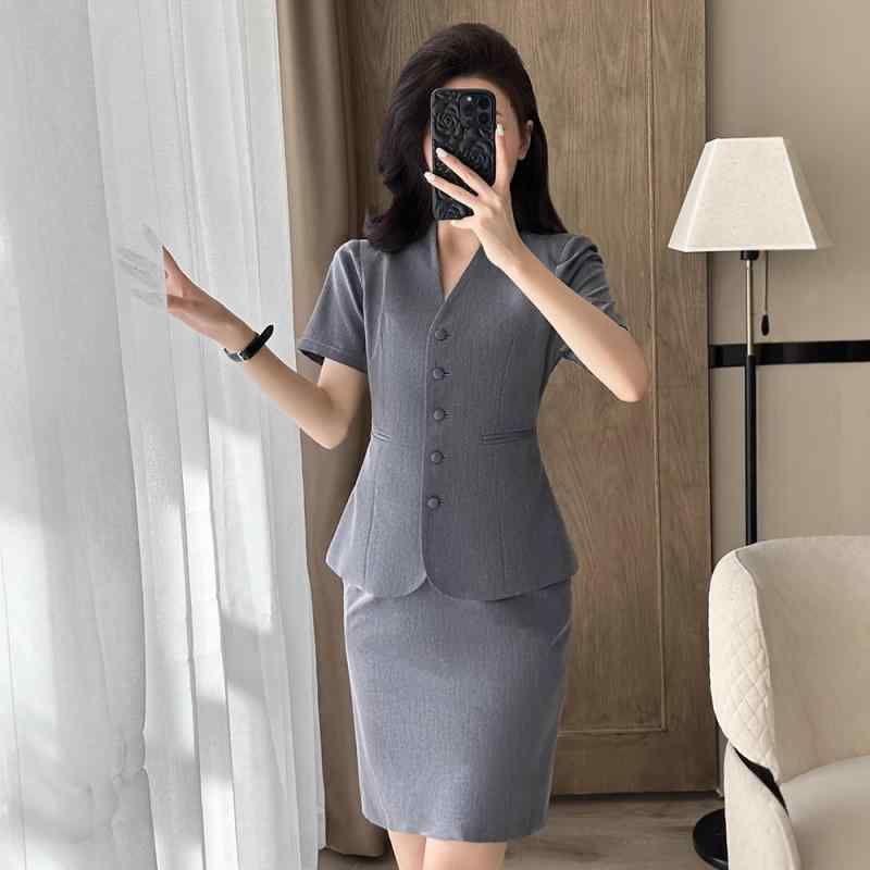 セットアップ レディース スーツ 半袖 ジャケット Vネック パンツ スカート 事務服 制服 春夏 薄手 軽量 接触冷感 伸縮性 ビジネス オフィス 美容院 洗える きれいめ フォーマル ブラック グレー ネイビー
