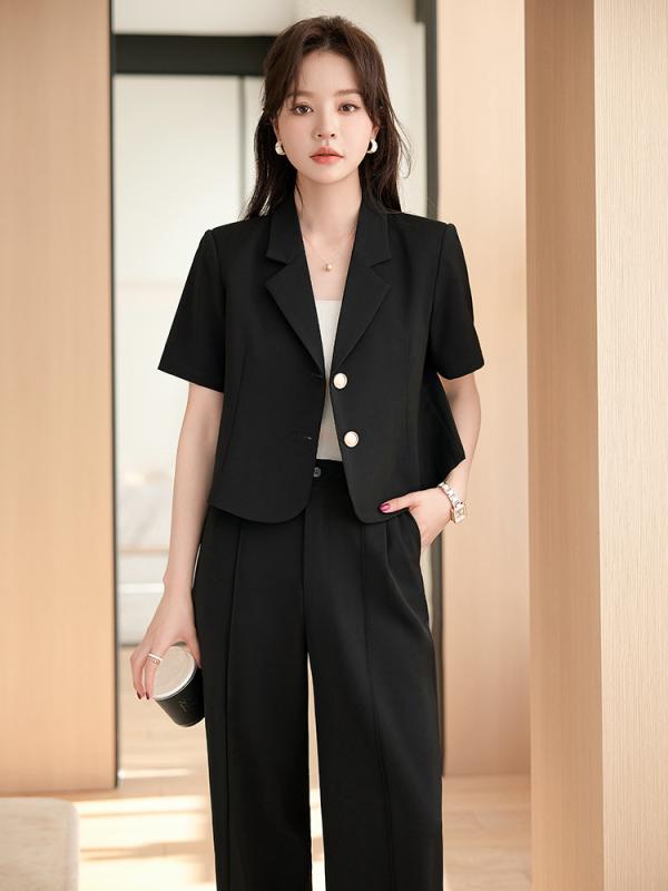 セットアップ レディース 春夏 半袖 ジャケット ショート丈 ワイドパンツ ロングボトムス 無地 スーツ 韓国ファッション 小柄 着痩せ 脚長効果 きれいめ 通勤 オフィス 普段使い ポリエステル ブラック ホワイト