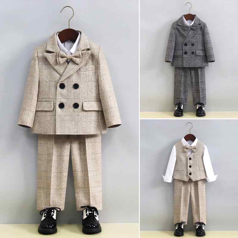 スーツ キッズ ベビー 男の子 子供服 セットアップ フォーマル 英国風 紳士 長袖 ジャケット ベスト スラックス 蝶ネクタイ チェック柄 ストライプ 春夏 結婚式 発表会 七五三 おしゃれ 高級感 グレー カーキ