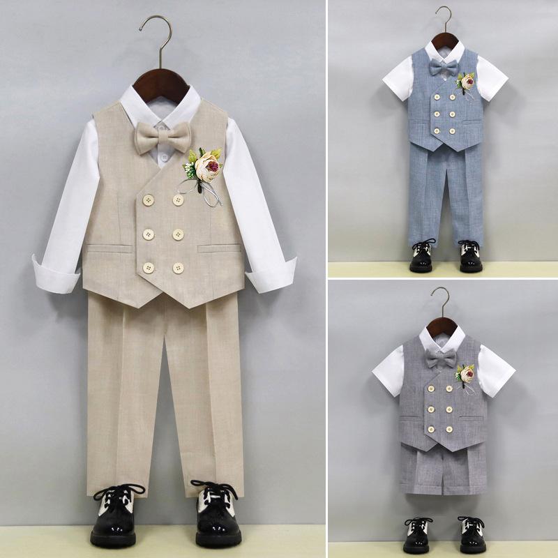 スーツ キッズ 男の子 春夏 セットアップ フォーマル ベスト ズボン パンツ シャツ 蝶ネクタイ 結婚式 発表会 卒園式 礼服 子供服 幼児 ライトブルー ベージュ ライトグレー 無地 柔らかい 高級感 通気性