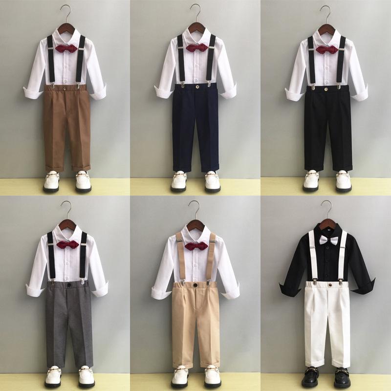 セットアップ 男の子 キッズ 子供用 スーツ フォーマル サスペンダー ズボン パンツ シャツ 蝶ネクタイ 英国風 春秋 発表会 結婚式 入学式 ポリエステル 混紡 ブラック ダークブルー グレー 高級感 通気性 軽量