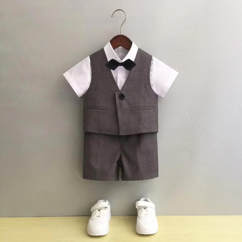 スーツ セットアップ キッズ 男の子 子供 フォーマル ベスト 英国風 シャツ ズボン 結婚式 発表会 誕生日 礼服 無地 柔らかい Vネック 夏秋 グレー ブラック かっこいい おしゃれ ジュニア ポリエステル