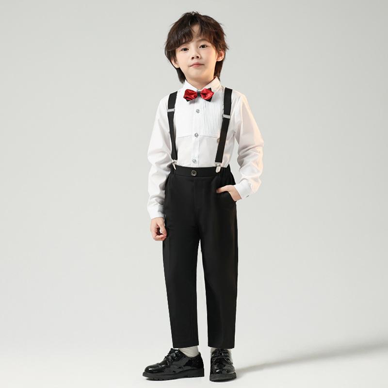 スーツ キッズ 男の子 セットアップ フォーマル 正装 英国風 サスペンダーパンツ 発表会 結婚式 七五三 長袖 シャツ 蝶ネクタイ ブラック ホワイト ボルドー 春夏 上品 高級感 おしゃれ かっこいい かわいい