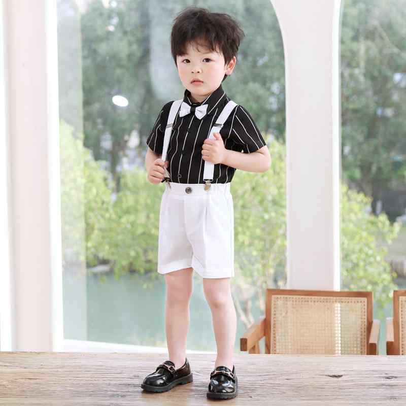 セットアップ 男の子 キッズ サスペンダー ハーフパンツ 半袖シャツ 蝶ネクタイ フォーマル 発表会 結婚式 お呼ばれ 英国風 トラッド ストライプ柄 コットン 通気性 春夏 吸湿 快適 おしゃれ ホワイト ブラック