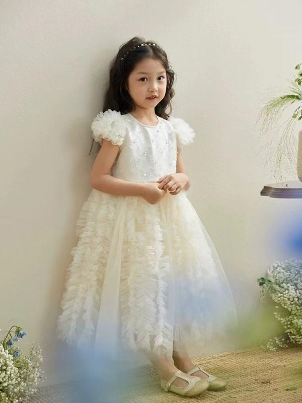 ドレス 女の子 キッズ 子供 ワンピース フォーマル 発表会 結婚式 パーティー チュール パール レース チュチュ 背中あき 春夏 ホワイト ブルー お姫様 プリンセス かわいい フリル ノースリーブ 膝丈 高級感 上品