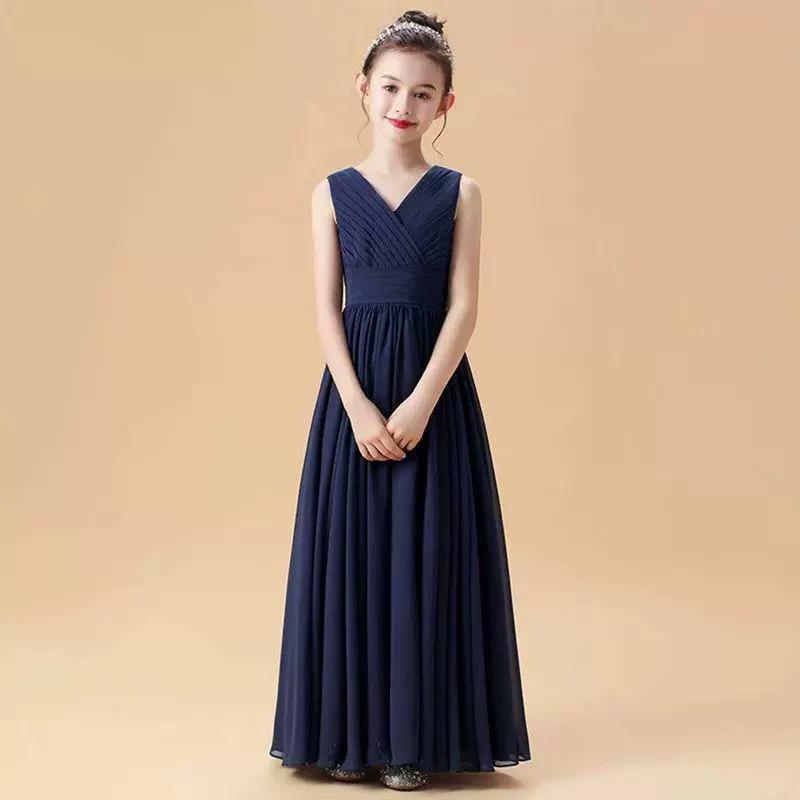 礼服 女の子 キッズ ジュニア 子供用 ロングドレス ワンピース ノースリーブ プリンセス 高級感 ネイビー 紺 ブラック 発表会 演奏会 結婚式 フォーマル Aライン ポリエステル エレガント 上品 春夏 秋冬