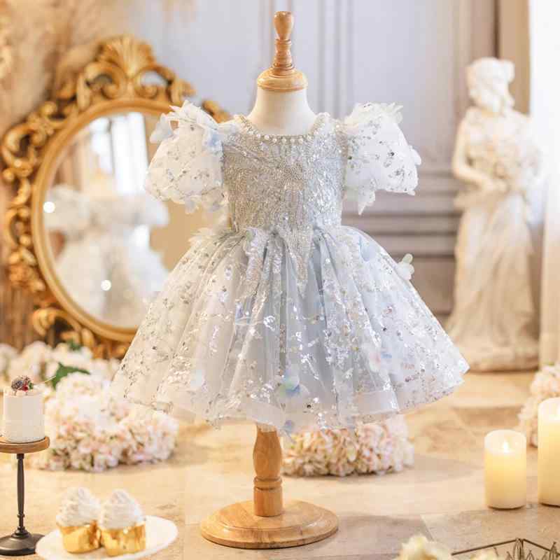 ドレス 女の子 キッズ ベビー プリンセス フラワーガール 結婚式 発表会 誕生日 フォーマル チュール パニエ ふんわり ボリューム ナチュラル ボタニカル ポリエステル 高級感 かわいい アイボリー ホワイト