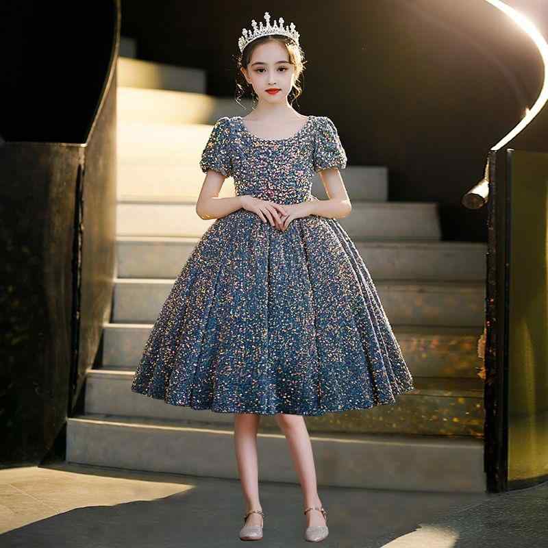 ドレス キッズ 女の子 子供 ピアノ発表会 結婚式 誕生日 フォーマル ウェア 高級感 チュールスカート パフスリーブ フレア 膝丈 Aライン 春夏 シルバーグレー かわいい おしゃれ 上品 華やか プリンセスライン