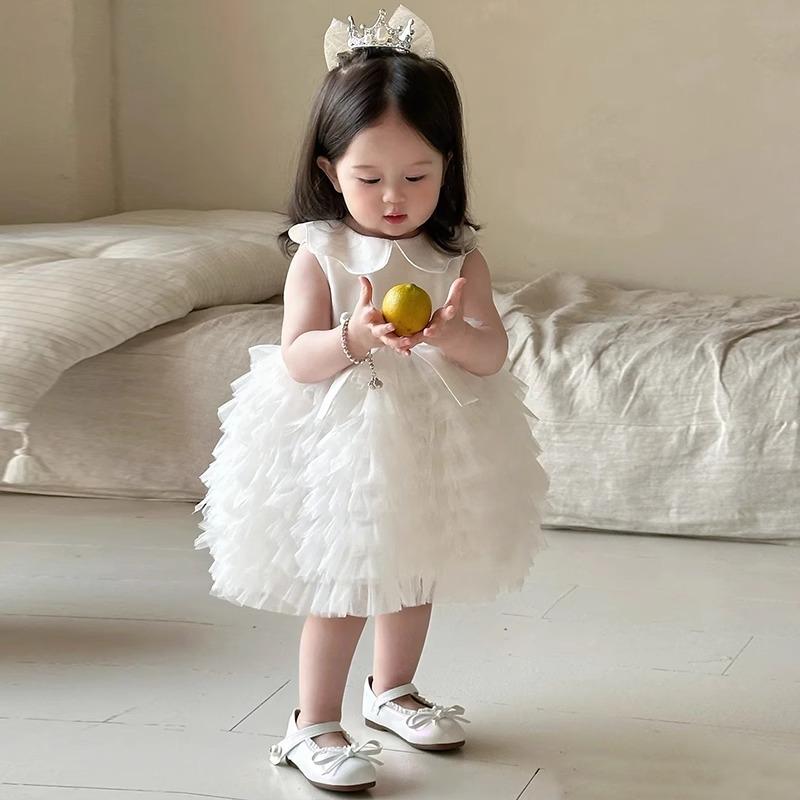 ドレス 女の子 白 誕生日 結婚式 パーティー フォーマル 高級感 プリンセス ワンピース 衣装 かわいい チュール レース ポリエステル サテン 裏地 子供服 幼児 オールシーズン 清楚 ふんわり フレア ボリューム