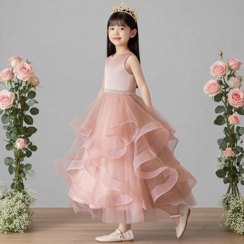 ドレス 女の子 キッズ 子供服 ワンピース フォーマル サテン チュール ティアード 発表会 ピアノ 結婚式 秋冬 プリンセス お姫様 かわいい 高級感 レース フリル フレア リボン ピンク ホワイト 裏地 ふんわり ノースリーブ ボリューム