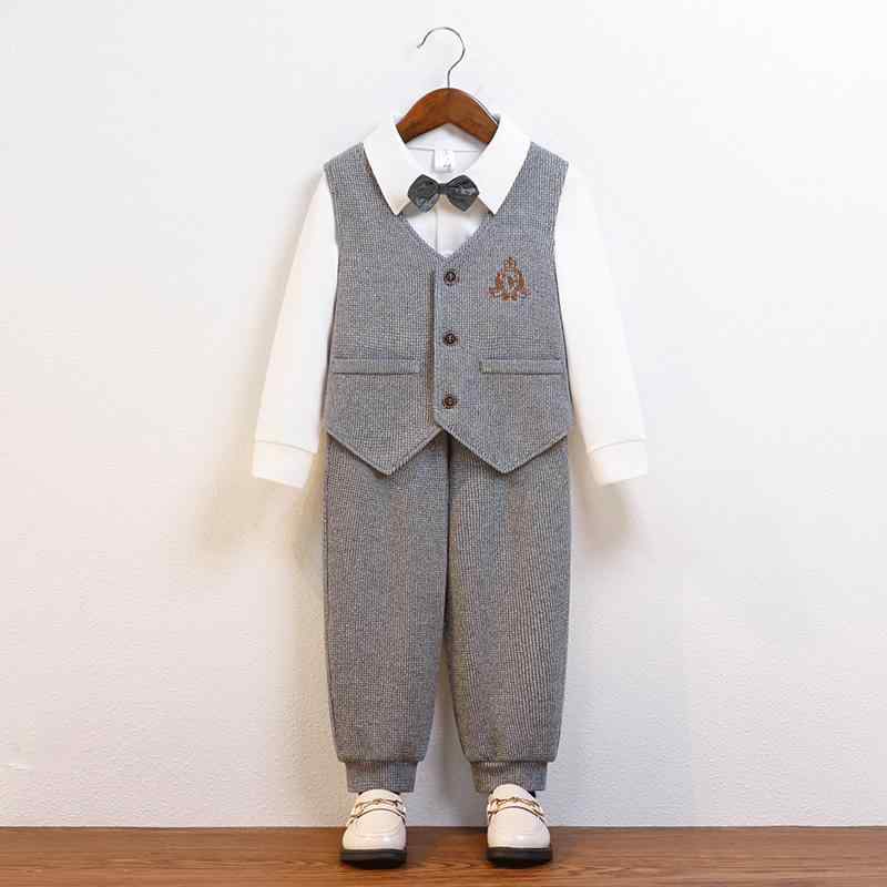 セットアップ 男の子 子供 キッズ フォーマル スーツ 紳士風 英国トラッド クラシック ベスト ズボン パンツ シャツ 蝶ネクタイ 春秋 結婚式 発表会 誕生日 グレー 無地 ポリエステル 柔らかい 吸湿速乾 高級感