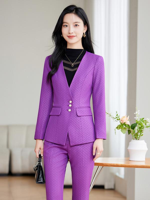 スーツ セットアップ レディース 秋冬 テーラードジャケット ロングパンツ 事務服 ホテル 受付 美容院 フォーマル 上品 高級感 ポリエステル 伸縮性 ストレッチ グリーン パープル ブラック 長袖 無地 冠婚葬祭