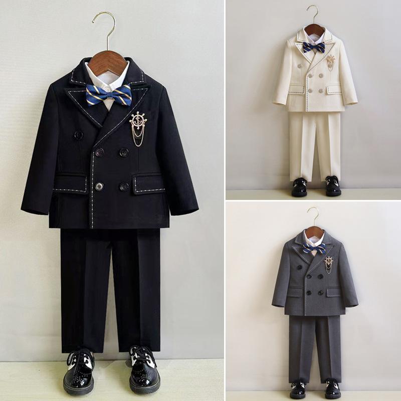 スーツ 男の子 キッズ 子供 フォーマル 礼服 セットアップ 英国風 結婚式 発表会 七五三 ジャケット ベスト パンツ 長袖シャツ 蝶ネクタイ ダブルボタン 無地 高級感 オフホワイト ブラック グレー おしゃれ かっこいい