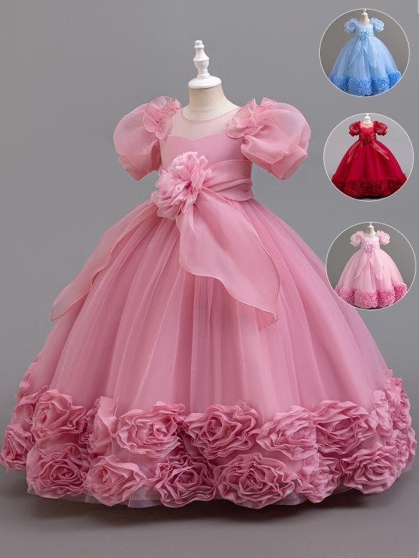 ドレス 女の子 ワンピース プリンセス チュール ランタンスリーブ パフスリーブ 花柄 アップリケ ふんわり バルーンスカート 子供服 発表会 パーティー 誕生日 ピンク レッド ダスティピンク ポリエステル コットン 裏地 透け防止 上品 フォーマ