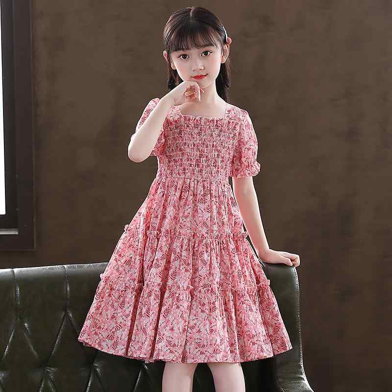 ワンピース 女の子 キッズ 子供服 子供用 ドレス 春夏 半袖 花柄 小花柄 総柄 かわいい Aライン フレア ギャザー 膝丈 カジュアル 韓国 ポリエステル 通気性 普段使い 通学 お出かけ ピンク グリーン