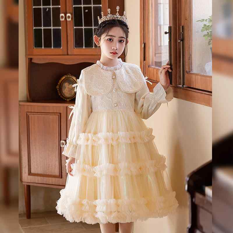 ワンピース 女の子 キッズ 子供服 秋冬 長袖 Aライン プリンセスドレス フォーマル 発表会 結婚式 七五三 チュチュ 上品 高級感 ツイード調 チュールスカート シャンパン かわいい おしゃれ コットン