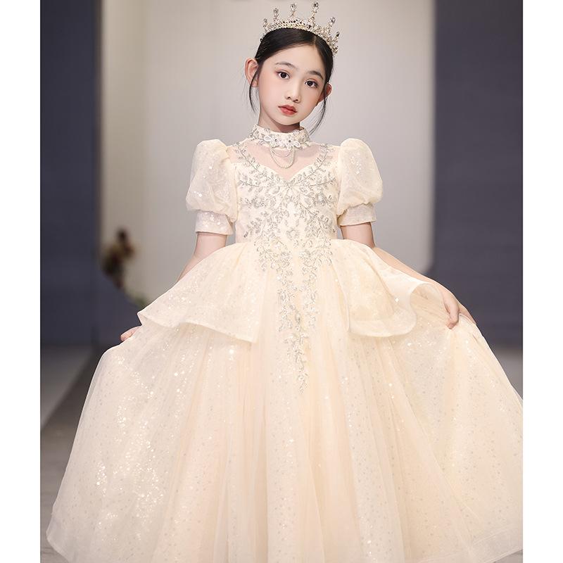 ドレス 女の子 キッズ 結婚式 発表会 フラワーガール シャンパン プリンセス フレンチスタイル リボン レース チュール Aライン かわいい 上品 ロング フォーマル シフォン 刺繍 高級感 プリーツ 裏地