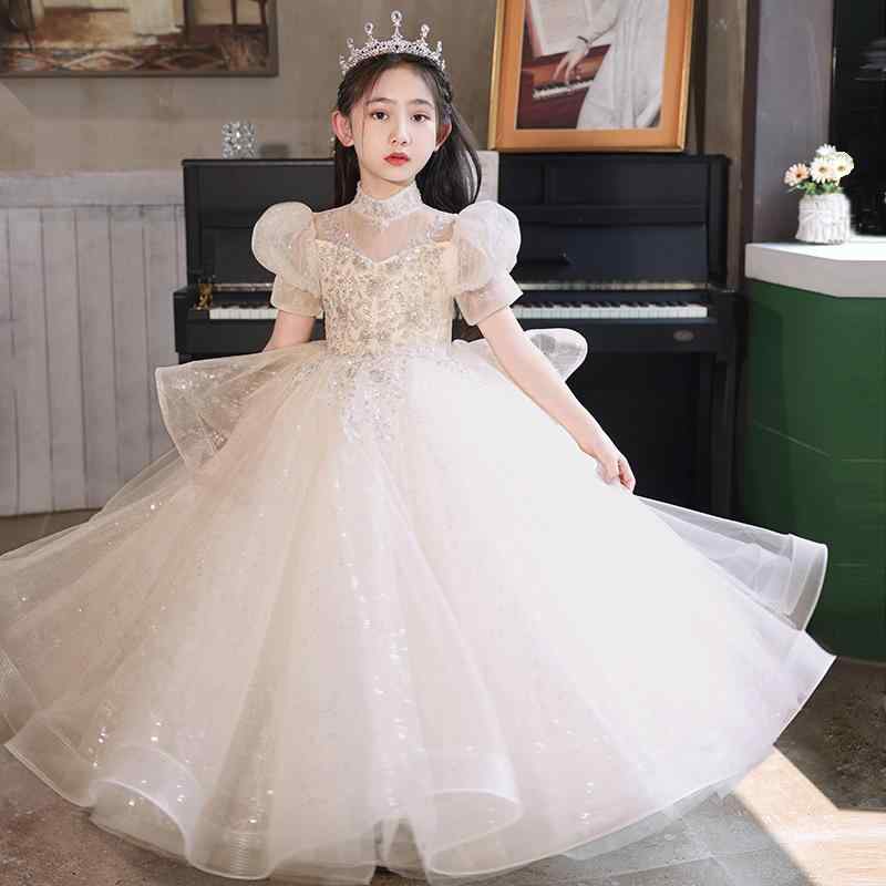 ドレス 女の子 キッズ 子供 子ども こども ガールズ 幼児 フォーマル 結婚式 発表会 誕生日 プリンセス シャンパン ロング丈 高級感 フレンチスタイル エレガント かわいい チュール レース アセテート オールシーズン ワンピース サテン フレア プリー