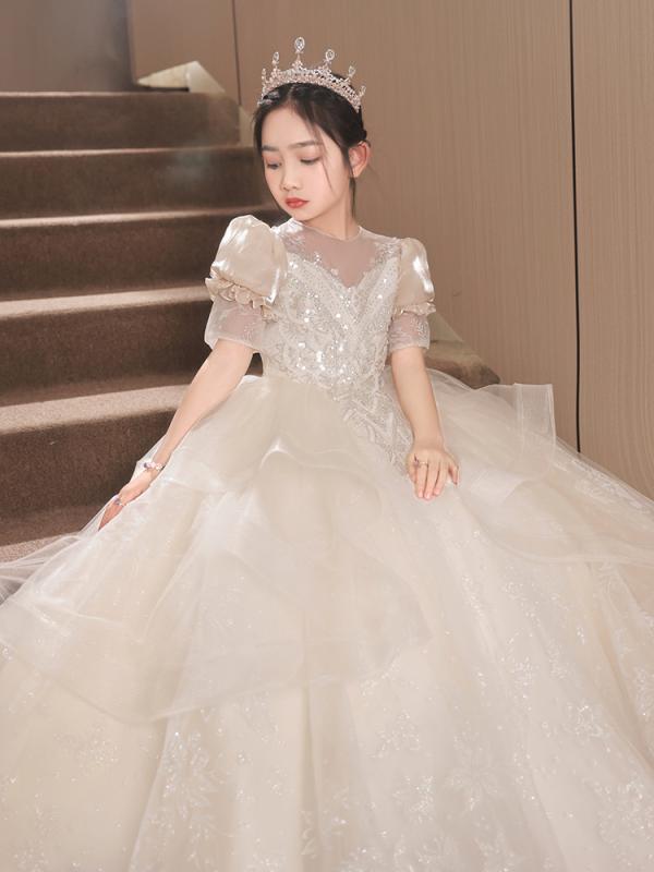 ドレス キッズ 女の子 誕生日 結婚式 ピアノ発表会 プリンセスドレス フラワーガール フォーマル 礼服 ワンピース 高級感 上品 エレガント かわいい ホワイト アイボリー チュール レース リボン