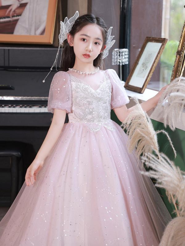 ドレス 女の子 子供 ピンク プリンセス 発表会 結婚式 演奏会 フレンチスタイル かわいい フォーマル ワンピース チュール Aライン 高級感 華やか ノースリーブ 膝丈 子供服 裏地あり アセテート繊維 混紡 オールシーズン リボン フレア