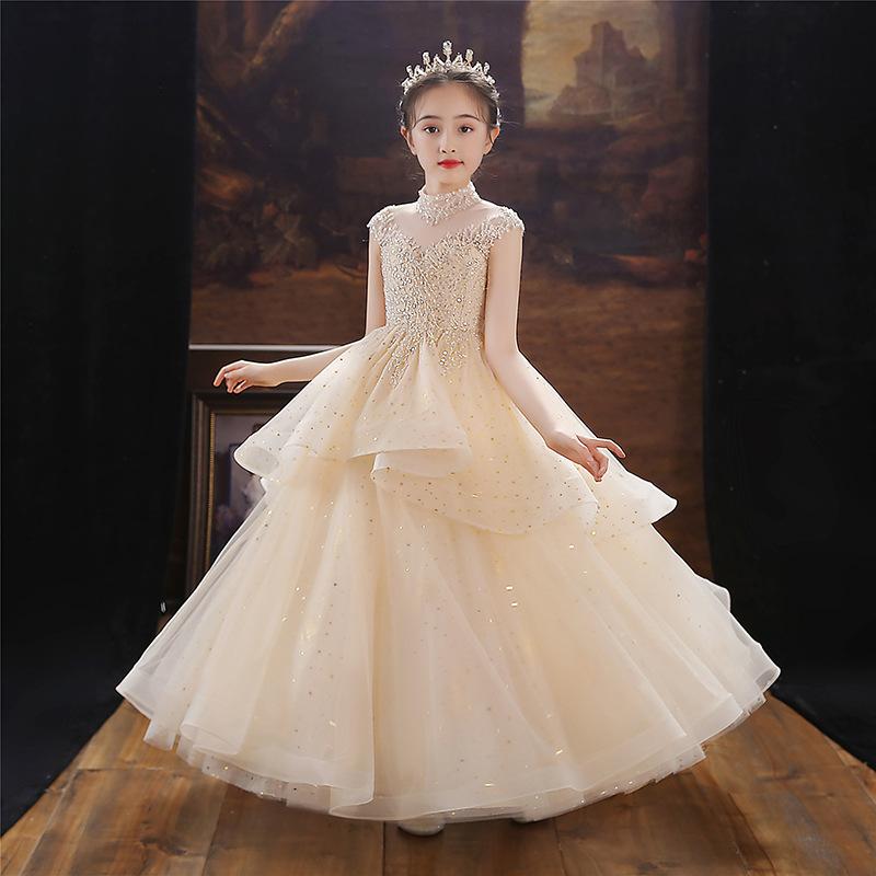 ドレス 女の子 キッズ ワンピース チュール 礼服 フォーマル プリンセス フラワーガール ピアノ発表会 結婚式 誕生会 フレンチ シャンパン ホワイト 五分袖 ノースリーブ 高級感 かわいい エレガント パニエ ロング