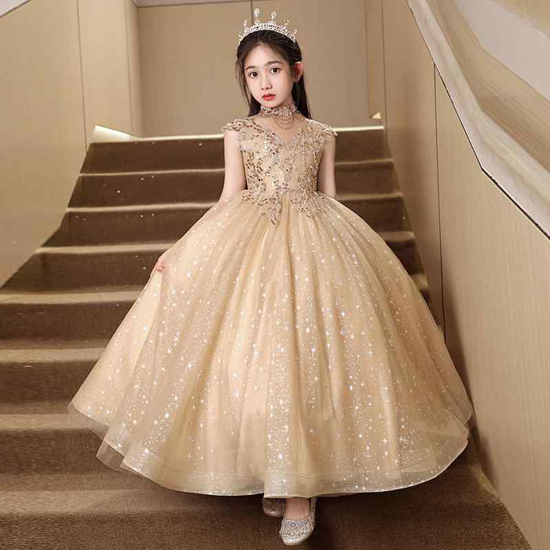 ドレス 女の子 キッズ 子供用 ジュニア プリンセス ワンピース 発表会 結婚式 誕生日 フレンチスタイル 上品 エレガント 高級感 アセテート プリーツ フォーマル かわいい 春夏 ライトブラウン ベージュ キャメル