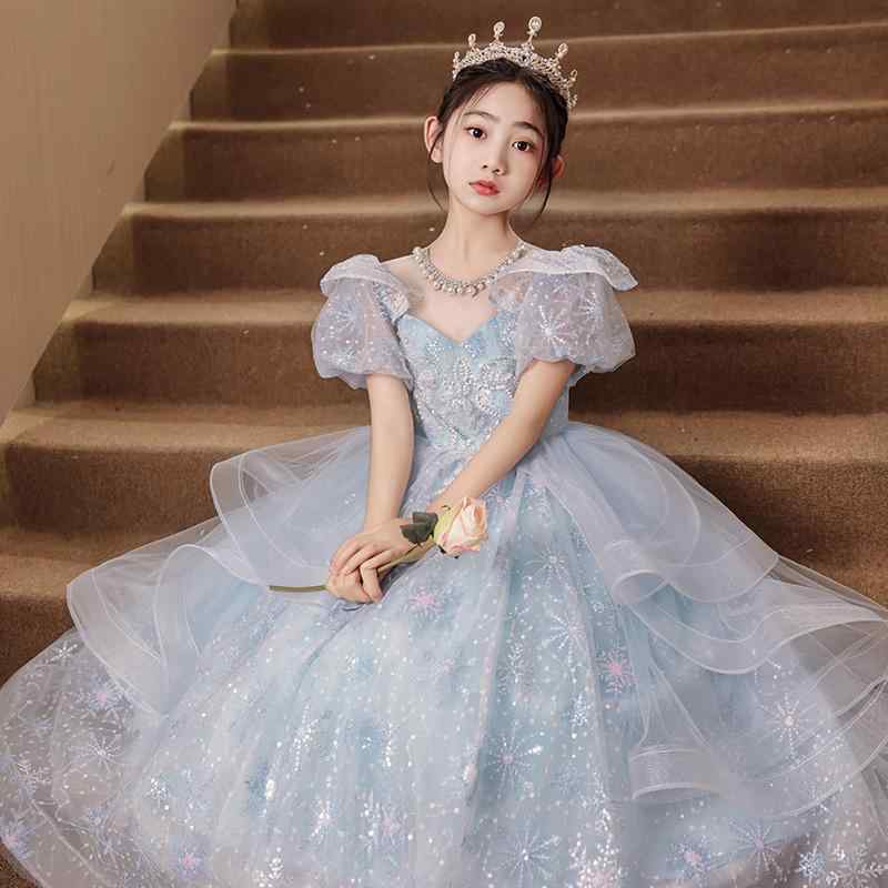 ドレス 女の子 キッズ 子供 プリンセス フォーマル ブルー チュール 高級感 エレガント ピアノ発表会 結婚式 ステージ衣装 フレンチスタイル ワンピース ノースリーブ ふんわり オールシーズン かわいい パニエ シフォン 6,040円