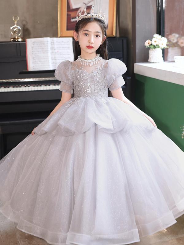 ドレス 女の子 キッズ 子供 発表会 結婚式 ピアノ グレー ロング丈 プリンセス フレンチスタイル 高級感 かわいい Aライン フレア チュール 上品 ノースリーブ 礼服 フォーマル ワンピース アセテート リボン