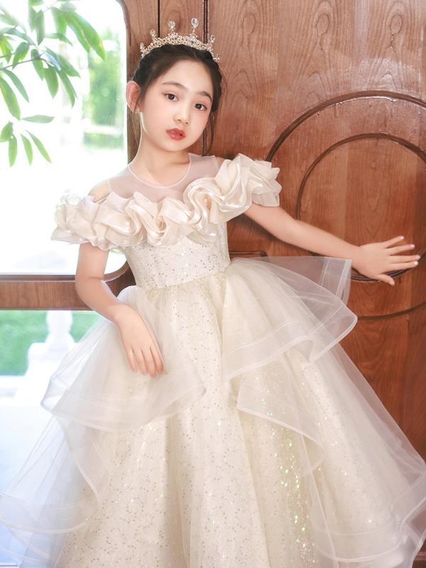 ドレス 女の子 キッズ 子供用 礼服 プリンセスライン フレンチスタイル 高級感 シャンパン ピアノ発表会 結婚式 舞台衣装 フォーマル ギャザー アセテート素材 オールシーズン かわいい おしゃれ 上品 Aライン ノースリーブ