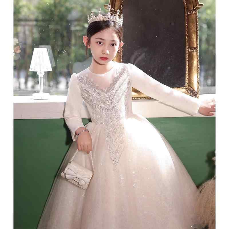 ドレス 女の子 キッズ 子供服 ワンピース シャンパン 長袖 プリンセス フォーマル ピアノ発表会 誕生日 結婚式 高級感 上品 チュール フレア ロング 100 110 120 130 140 150 160 かわいい フレンチ オールシーズン アセテート