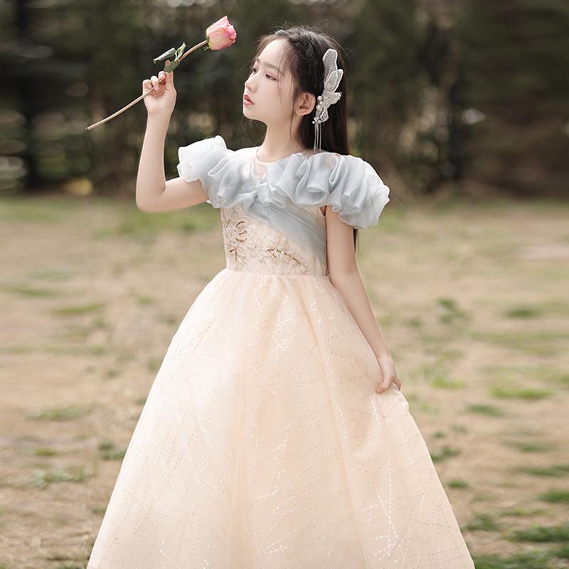 ドレス 女の子 プリンセス ピアノ 発表会 結婚式 フラワーガール フレンチスタイル フォーマル 春夏 子供服 ワンピース シャンパン ポリエステル プリーツ かわいい 高級感 ジュニア 上品 ノースリーブ フレア 膝丈 チュール