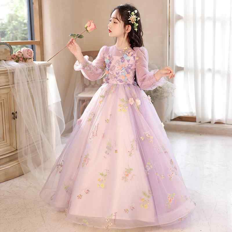 ドレス 女の子 子供服 フォーマル ワンピース 結婚式 発表会 誕生日 長袖 高級感 プリンセス ガールズ かわいい 紫 上品 エレガント おしゃれ ジュニア ポリエステル 素材 裏地 透け感なし オールシーズン フレア Aライン