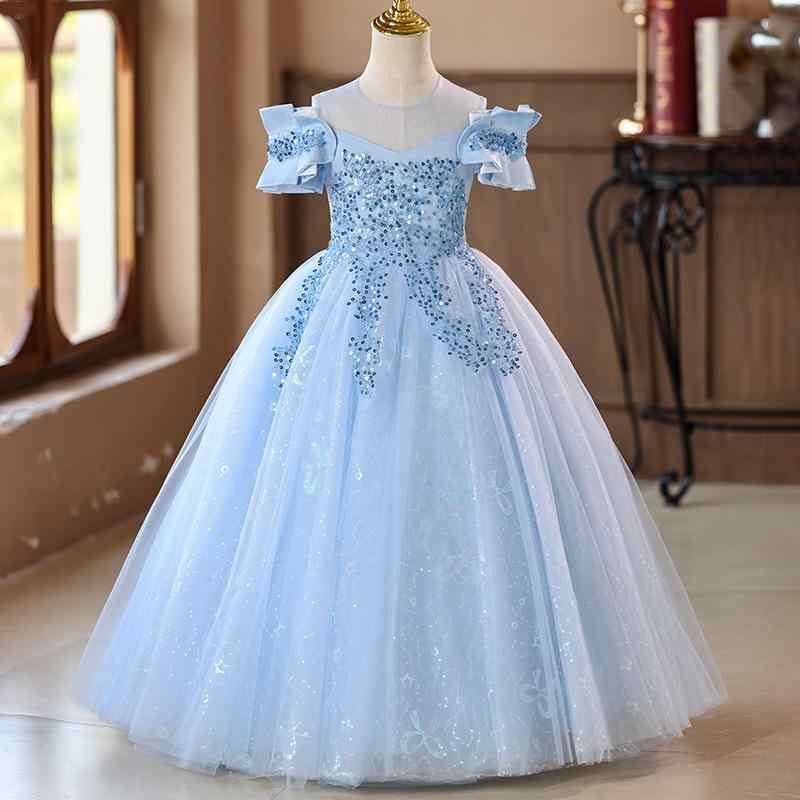 ワンピース 女の子 キッズ 子供 ドレス フォーマル 発表会 演奏会 結婚式 スカイブルー ライトブルー ブルー ポリエステル コットン チュール オールシーズン プリンセス風 チュチュ ふんわり フレア フリル プリーツ 高級感