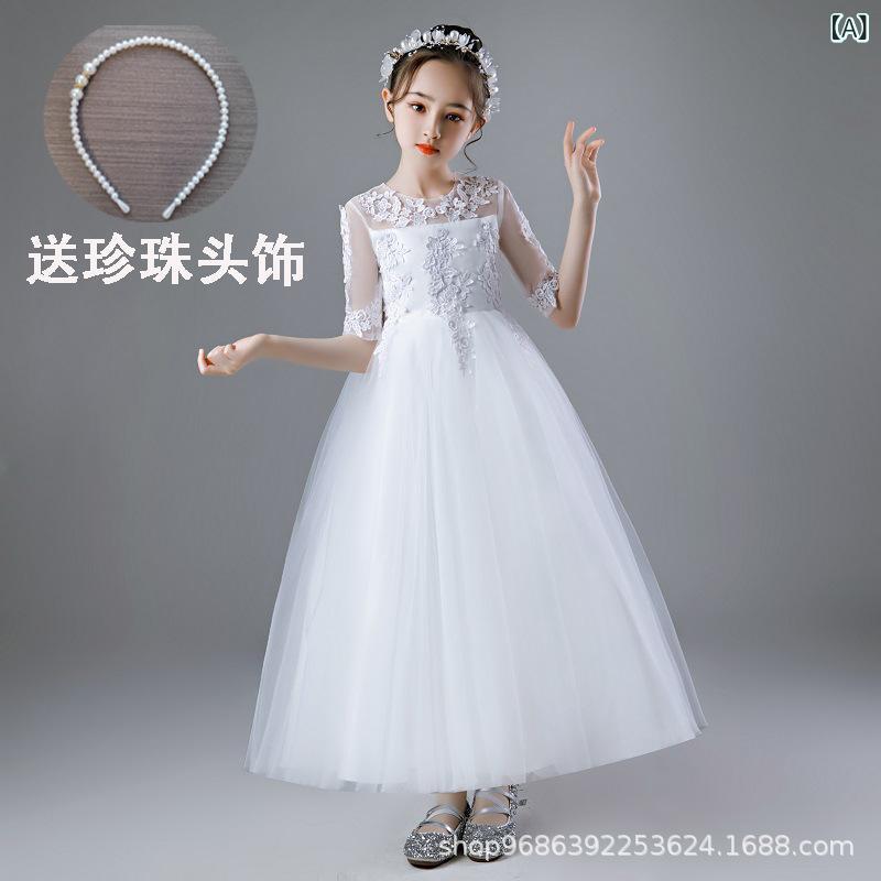 ドレス 女の子 ワンピース プリンセスライン キッズ チュール レース 白 ホワイト 発表会 結婚式 ステージ衣装 フォーマル 高級感 かわいい 豪華 清楚 シフォン フレア リボン 背中ファスナー 秋冬
