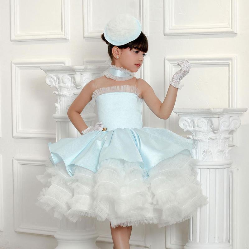 ドレス 女の子 子供用 キッズ ガールズ 発表会 結婚式 パーティー フォーマル チュール プリーツ ふんわり 高級感 エレガント 上品 フレア 膝丈 ノースリーブ ポリエステル シフォン ブルー ホワイト