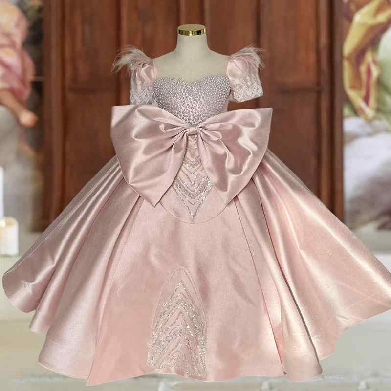 ワンピース ドレス キッズ 女の子 子供 ピアノ 発表会 結婚式 パーティー ピンク サテン フォーマル プリンセス お姫様 フレンチスタイル スクエアネック 背中リボン レースアップ Aライン かわいい 上品 高級感 春夏秋 膝丈 演奏会 七五三