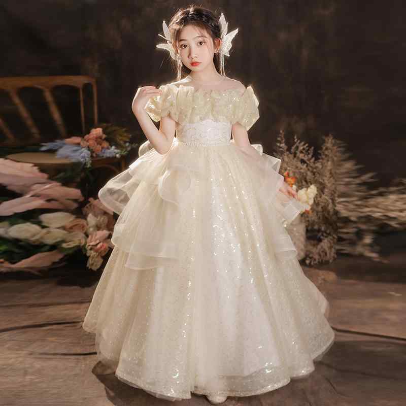 ワンピース 女の子 ドレス 礼服 フォーマル 結婚式 発表会 パーティー フラワーガール プリンセス オフショルダー チュール ふんわり 長袖 シャンパン ピンク 秋冬 膝丈 ピアノ かわいい おしゃれ 上品 清楚 ジュニア 七五三 記念撮影 演奏会 衣