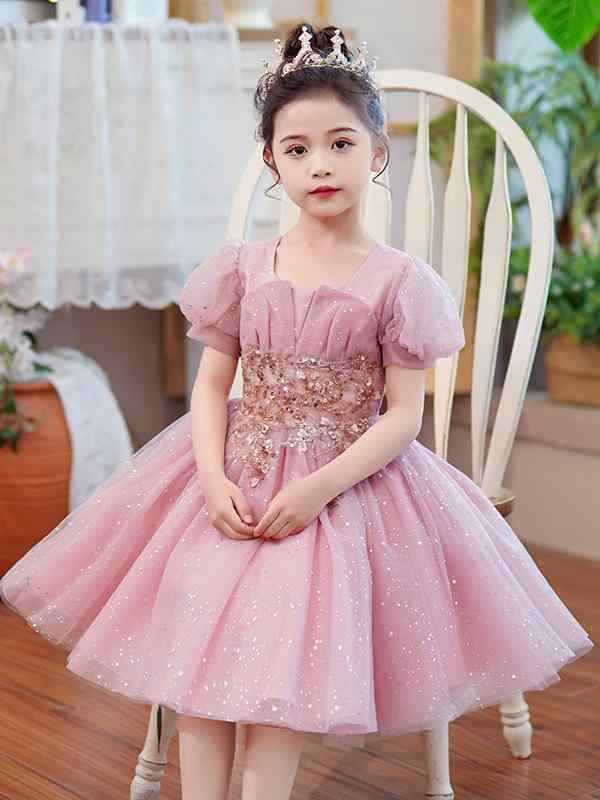 ワンピース 女の子 キッズドレス プリンセス 子供服 フォーマル ピアノ発表会 結婚式 パーティー レース チュール 高級感 おしゃれ かわいい 春夏 半袖 フリル リボン ピンク ジュニア フレア 膝丈 シフォン