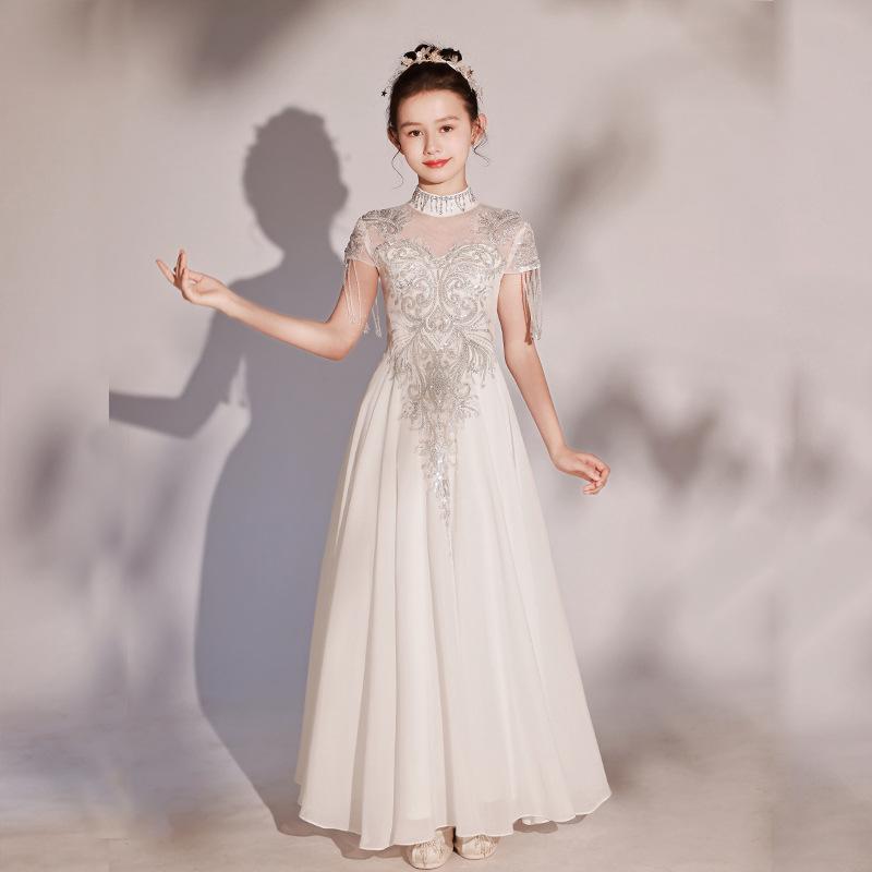 ドレス ワンピース 女の子 キッズ ジュニア チャイナ風 中華スタイル ロング 発表会 演奏会 結婚式 チュール レース プリンセス エレガント ホワイト レッド 清楚 上品 華やか 半袖 フレア マキシ ポリエステル