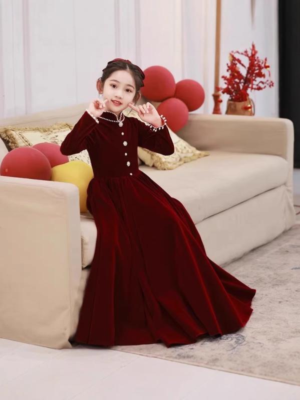 ドレス 女の子 キッズ 子供用 フォーマル ワンピース 秋冬 ベロア ベルベット チャイナドレス風 モダンチャイナ ワインレッド ボルドー 発表会 結婚式 演奏会 プリンセス プリーツ加工 裏起毛 サテン 華やか 高級感 上品