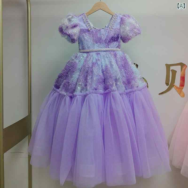 ドレス 女の子 キッズ 子供 発表会 結婚式 ピアノ パープル ローズ チュールスカート ふんわり 高級感 フリル プリンセス リボン レース 花柄 かわいい フォーマル ワンピース 衣装 ロング 膝丈 半袖 オールシーズン ボリューム
