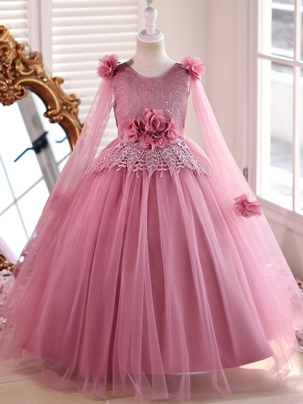 ワンピース ドレス キッズ 子供 女の子 発表会 結婚式 誕生日 プリンセスライン フリル リボン チュールスカート ロング丈 ノースリーブ 高級感 華やか かわいい ポリエステル 綿 オールシーズン ワインレッド ローズ パープル 4,640円