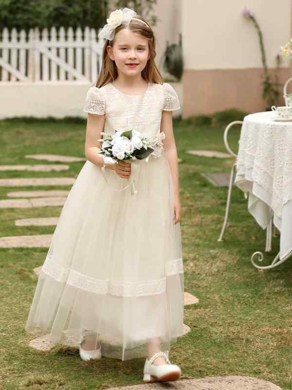 子供ドレス 女の子 チュールワンピース プリンセス ロング丈 発表会 結婚式 パーティー フォーマル レース リボン チュチュ かわいい シャンパン 春夏 ノースリーブ フレア Aライン キッズ ジュニア ピアノ 刺繍