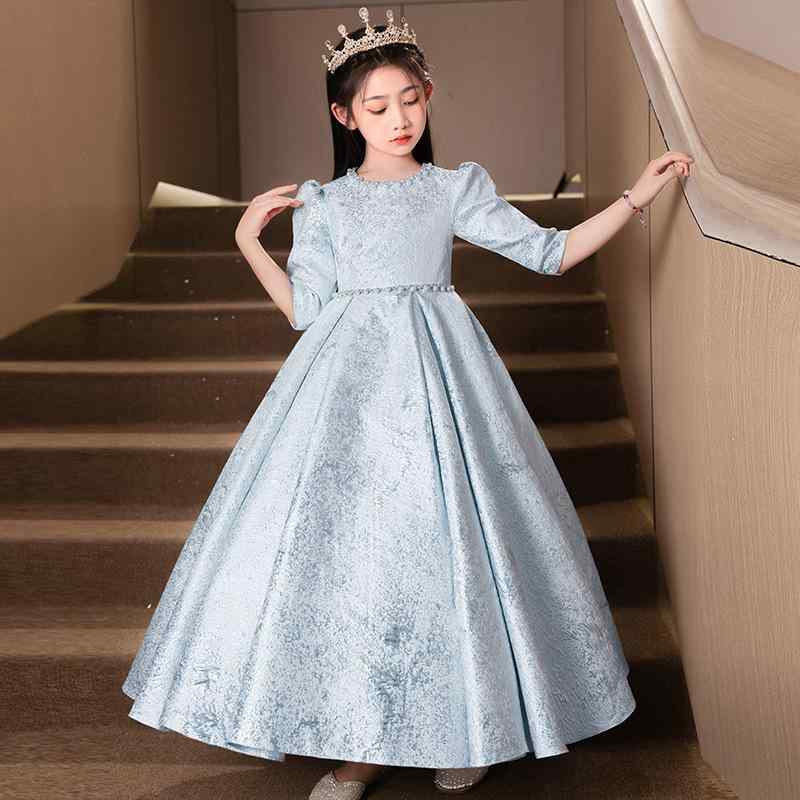ドレス 女の子 キッズ ジュニア ピアノ発表会 演奏会 結婚式 ワンピース プリンセス フォーマル ロング丈 シルバーグレー 子供用 かわいい 高級感 ポリエステル プリーツ チュール 上品 フレア エレガント 裏地あり 光沢感